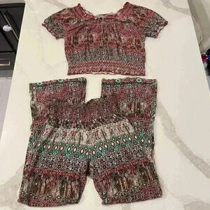 American Rag Cie Boho Smocked Matching Set Womens Small Cropped Shirt Wide Leg